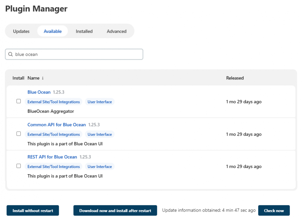 A screenshot of the Jenkins plugin manager showing available plugins.