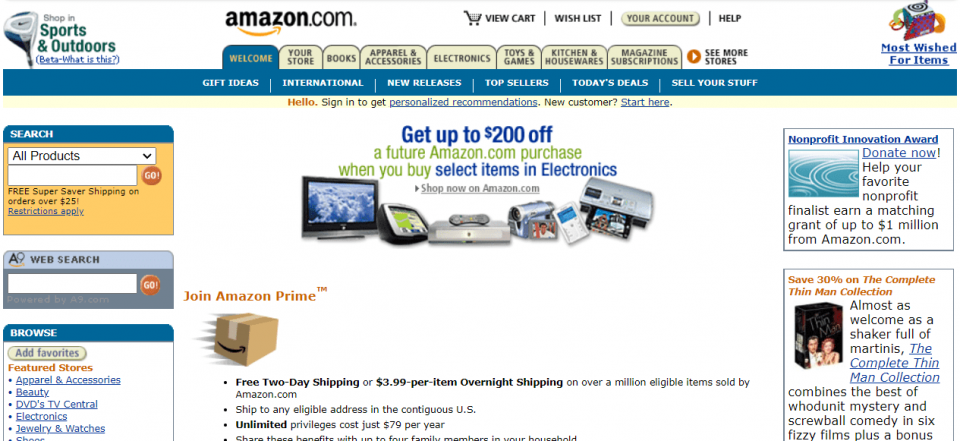 Screenshot of Amazon’s website in 2005.