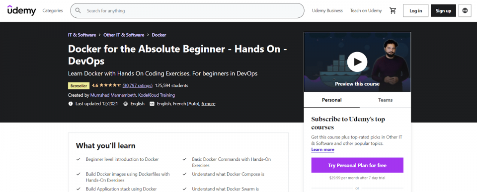 Udemy Beginner Docker Course Webpage