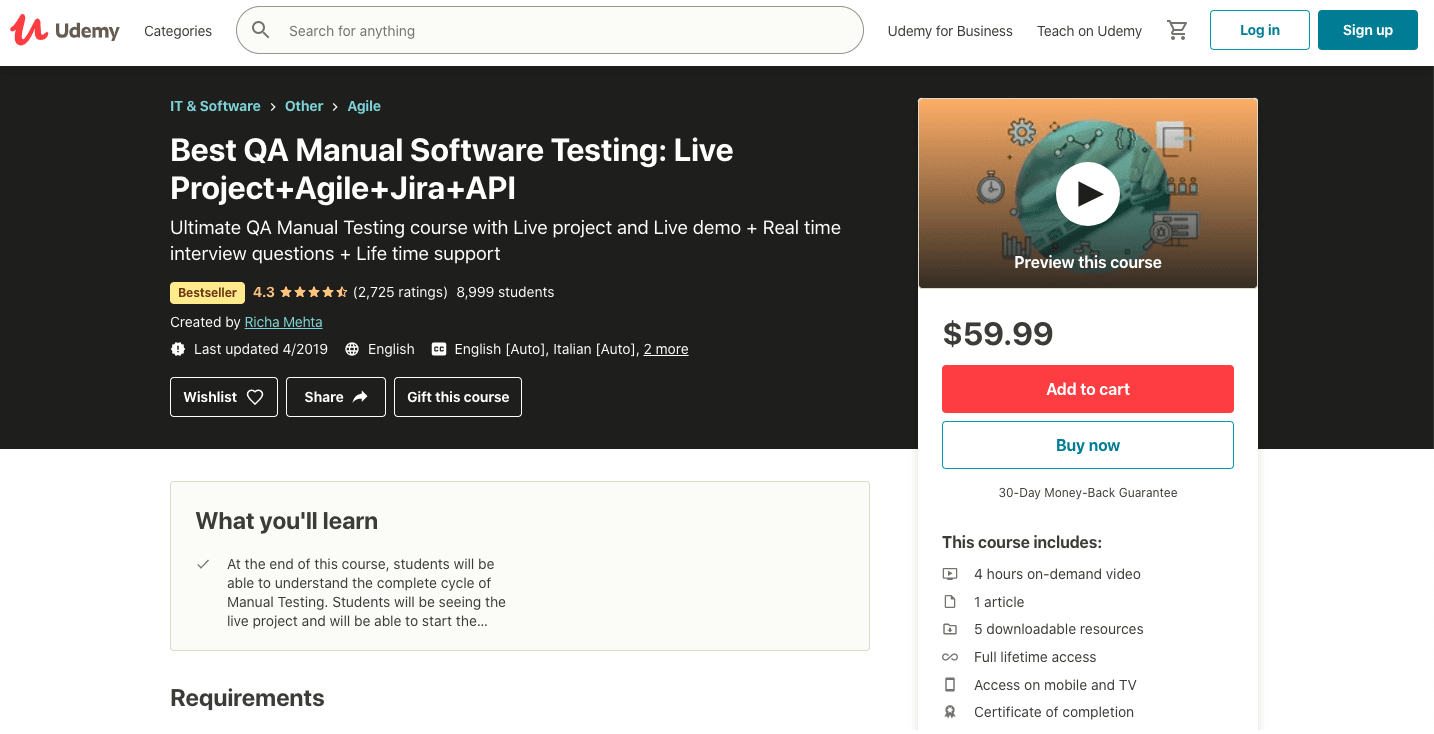 Best QA Manual Software Testing: Live Project+Agile+Jira+API