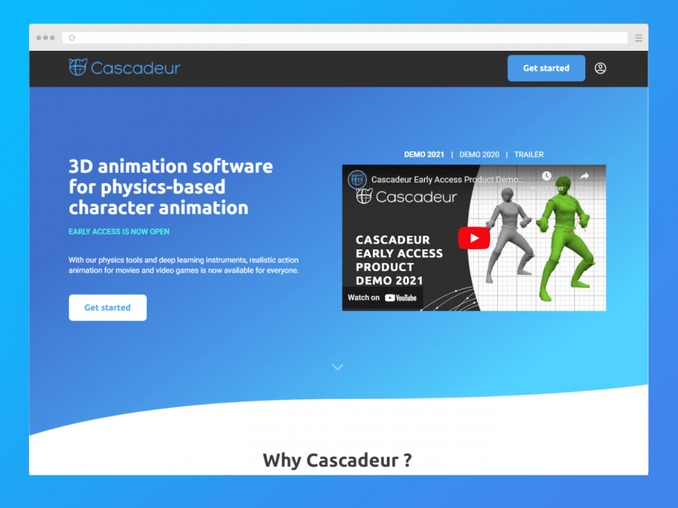 Screenshot of Cascadeur’s home page.