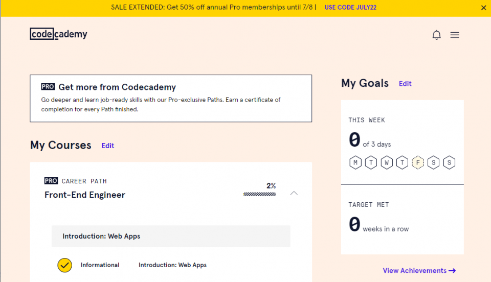 Codecademy screenshot. A paid version of FreeCodeCamp.