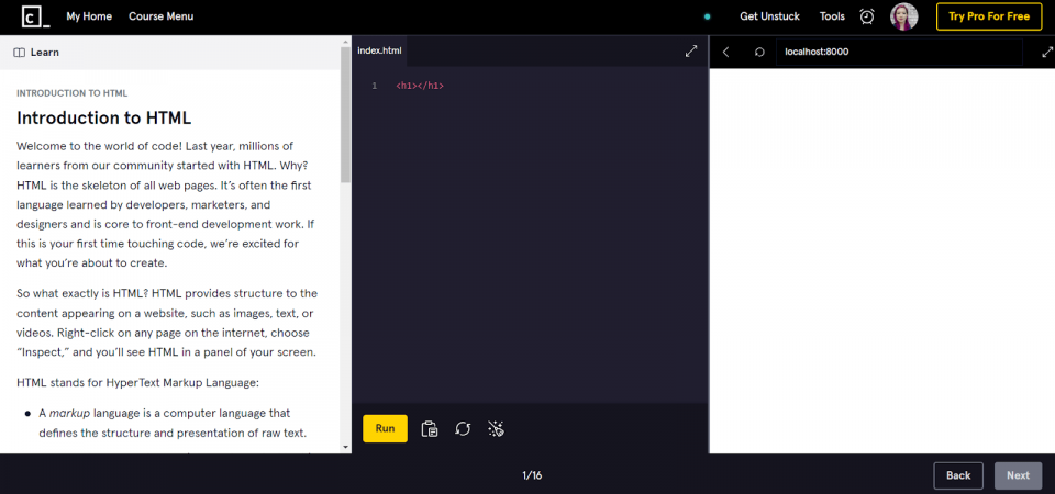 Screenshot of Codecademy’s Introduction to HTML lesson.