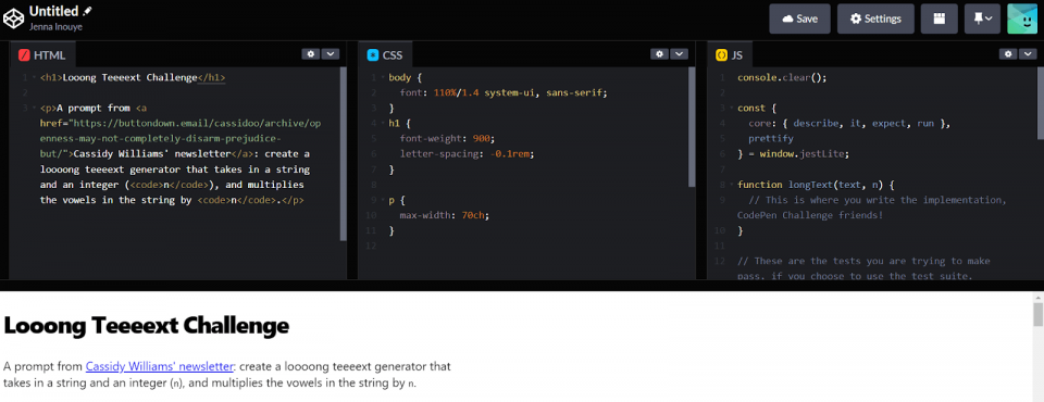 An example of HTML, CSS, and JavaScript being written together in CodePen.
