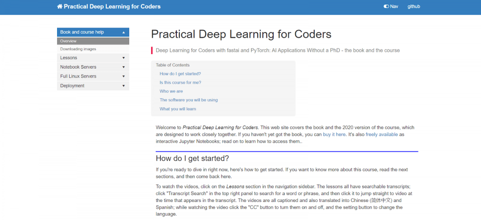 FastAI Deep Learning Course webpage