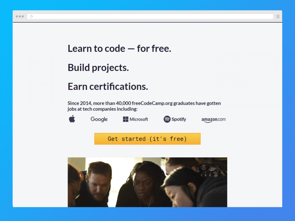 freeCodeCamp screenshot. Learn to code for free.