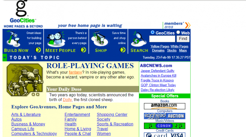A screenshot of Geocities from 1999.