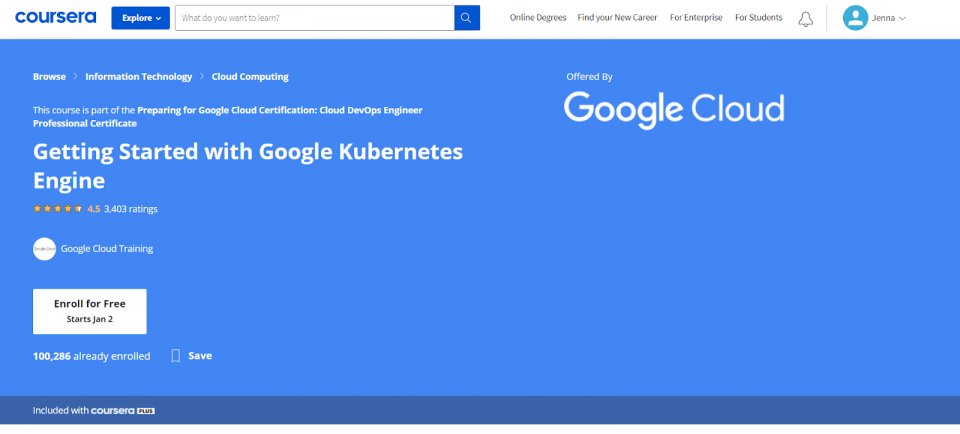 Coursera Google Kubernetes Course Webpage