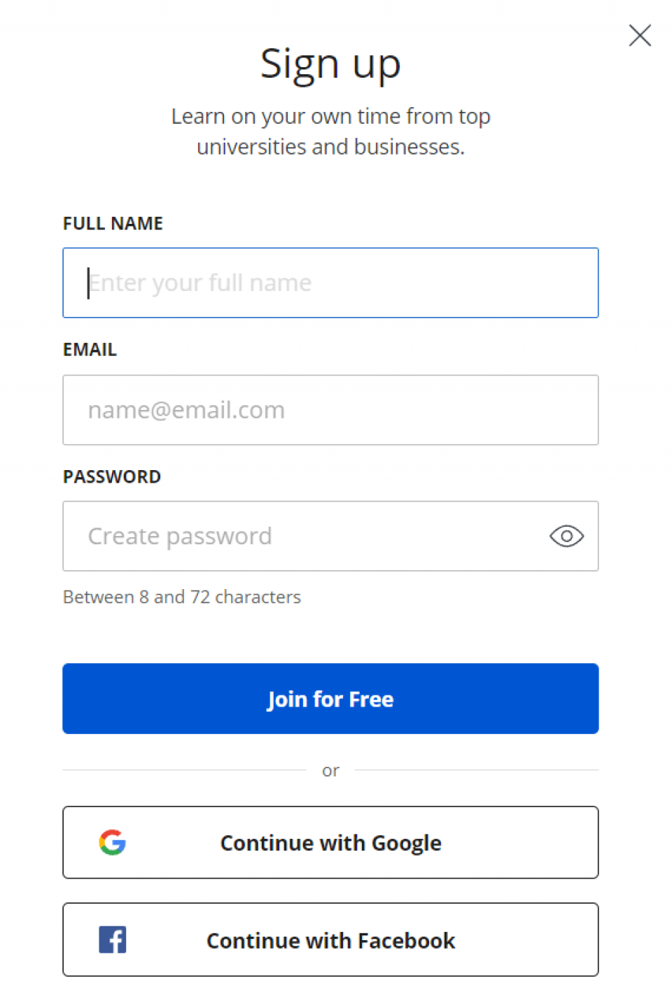 Screenshot of Coursera’s sign-up form.