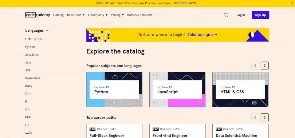 Codecademy screenshot—lesson portal.