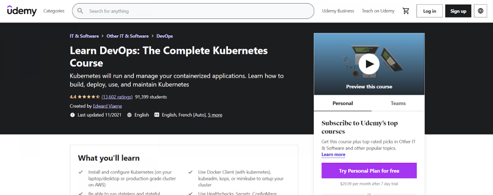 Learn DevOps Kubernetes Course Webpage