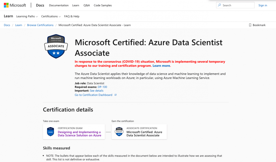 Microsoft Azure Certification webpage