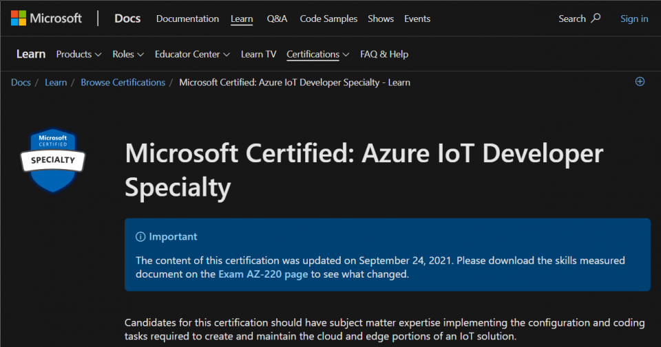Microsoft’s Azure IoT Developer Specialty