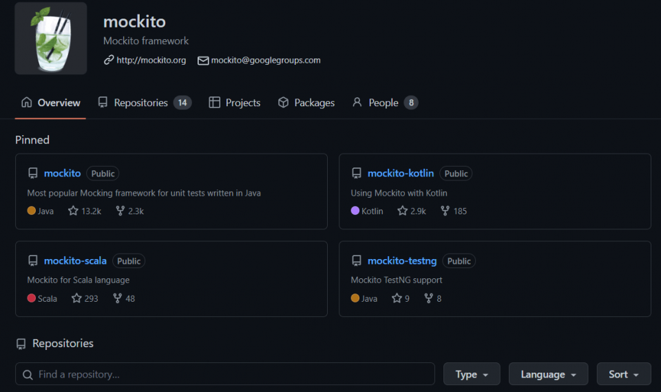 Screenshot of Mockito on Github.