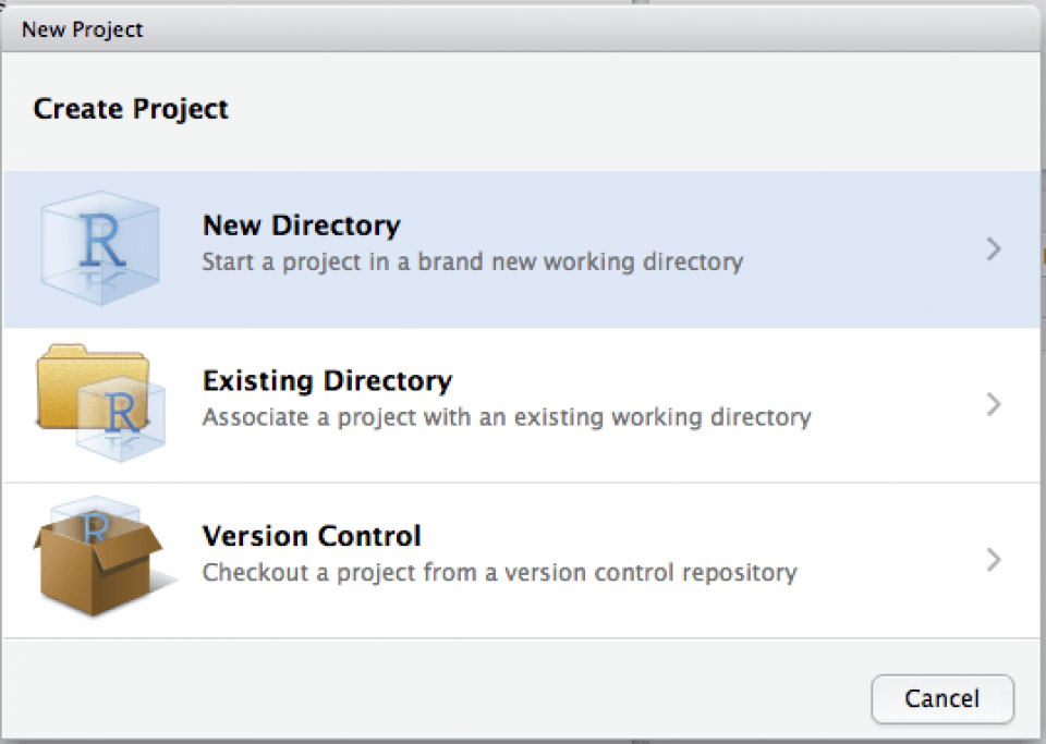 Create project window with "new directory" option selected