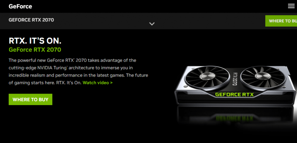 A screenshot of NVIDIA’s website discussing the benefits of the RTX 2070.