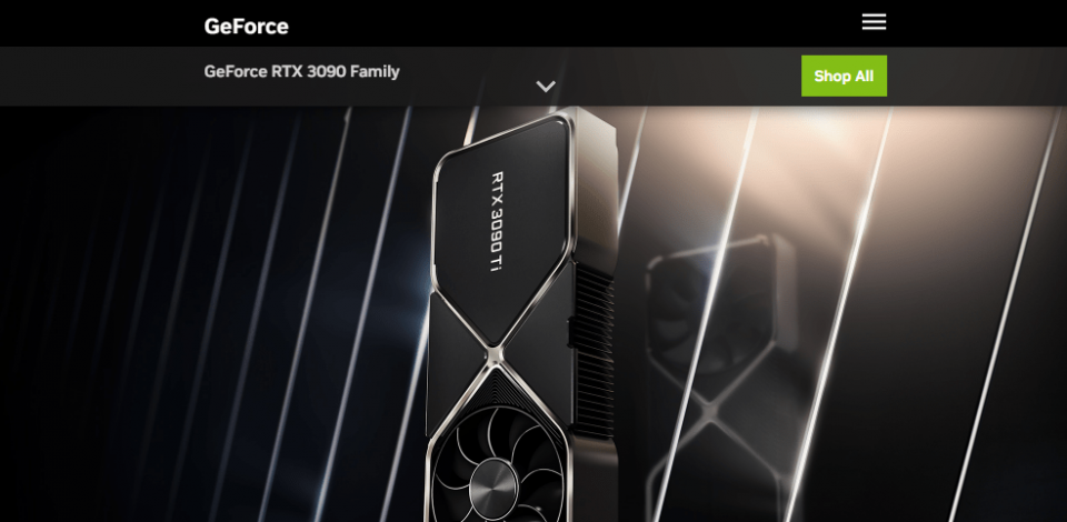 The NVIDIA site featuring the RTX 3090.