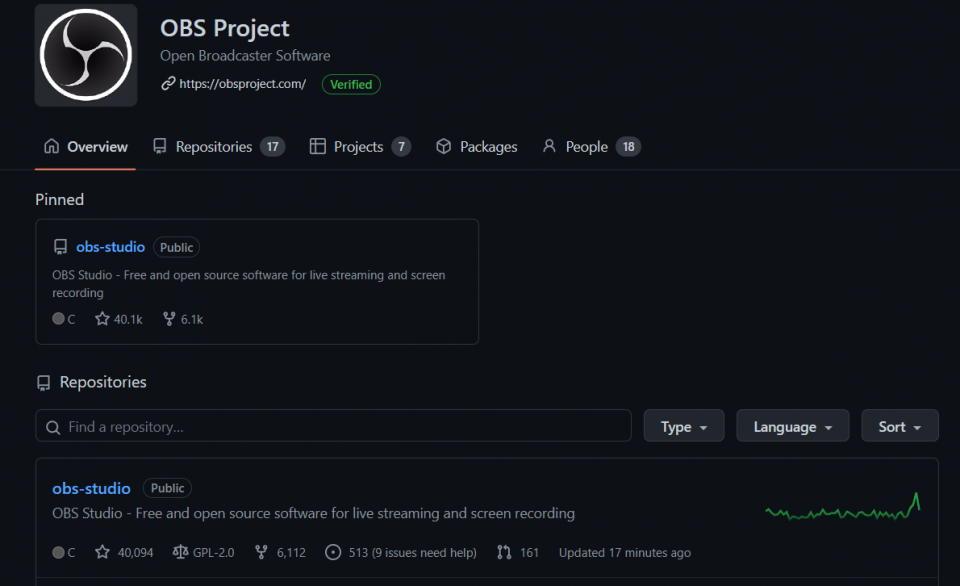Screenshot of the OBS Studio project on Github.