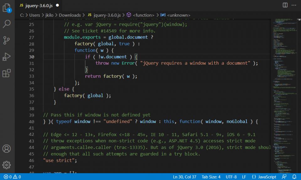 Screenshot of jQuery in Visual Studio Code