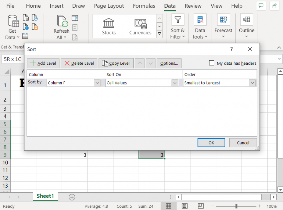 sort data in Excel
