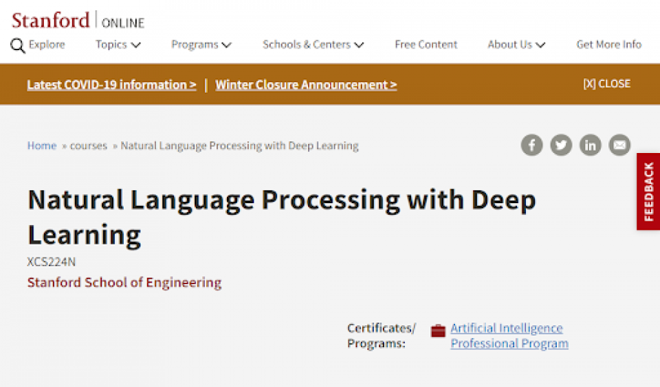 Stanford’s Natural Language Processing with Deep Learning