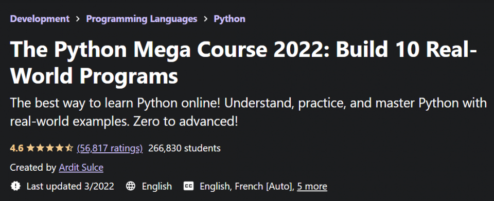 The Python Mega Course 2022: Build 10 Real-World Applications