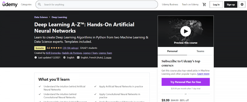 Udemy Deep Learning A-Z Course Webpage