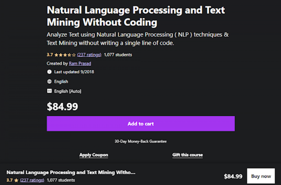 Udemy’s Natural Language Processing and Text Mining Without Code