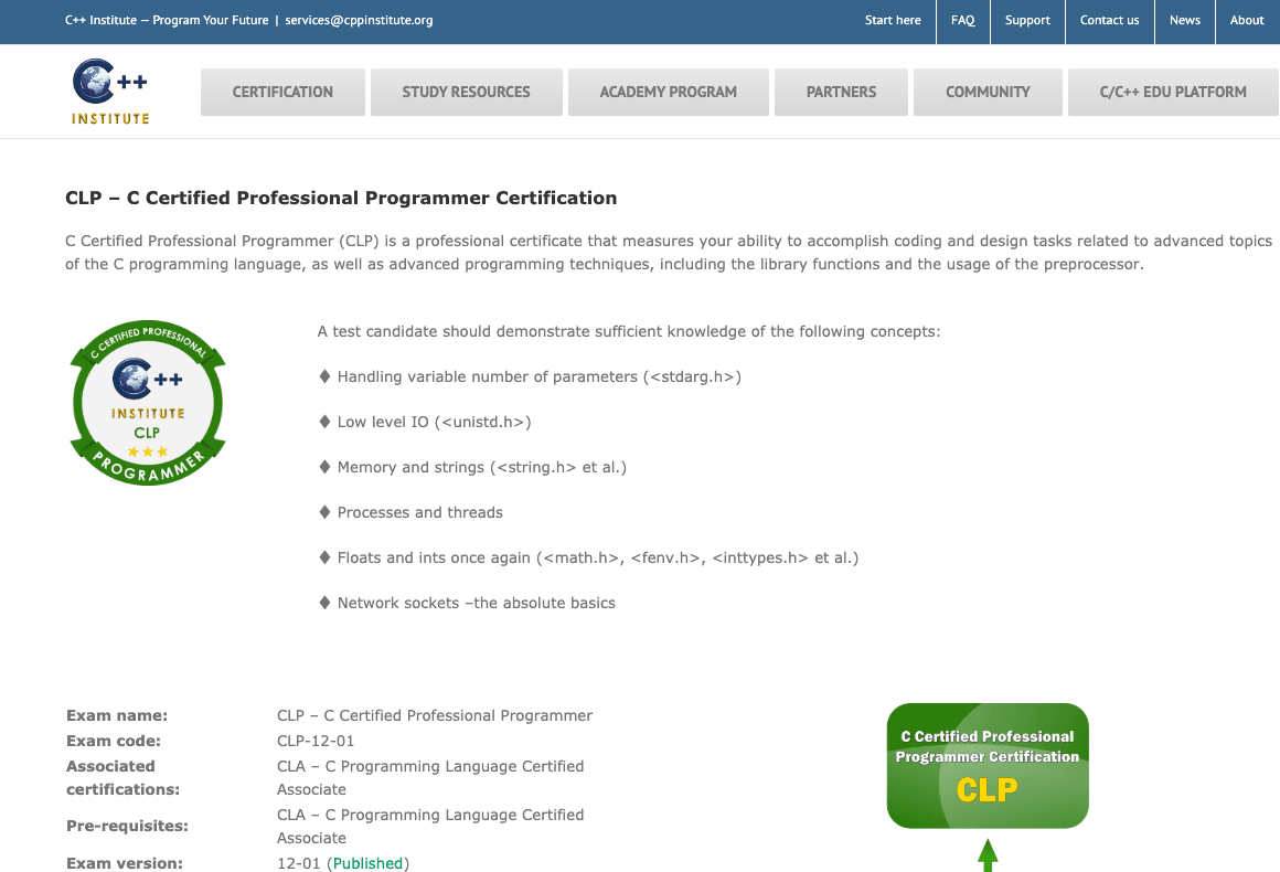 CLP – C Certified Professional Programmer Certification